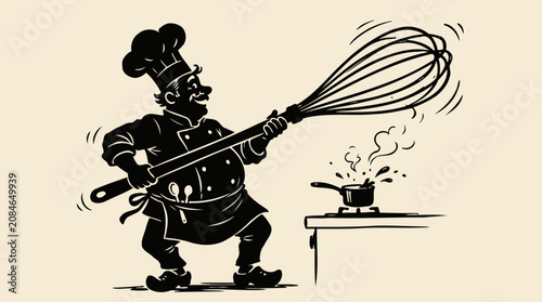 Chef holding large kitchen whisk.