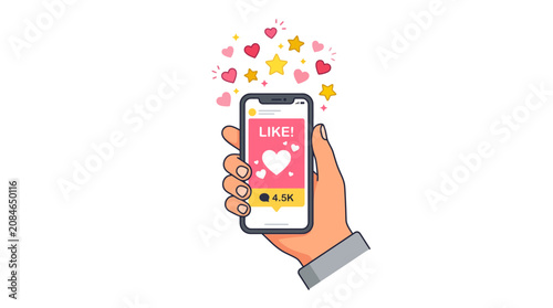 Social media like icon, hand holding smartphone with heart and stars, digital communication symbol, flat vector illustration
