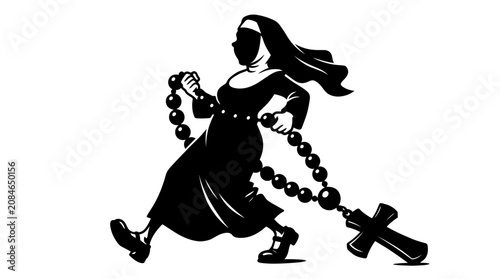 Nun running with rosary beads.