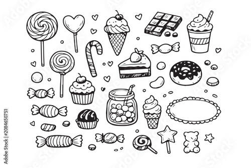 Hand Drawn Doodle Food Icons Set with Coffee Pizza Cake Sandwich Bread and Snack Sketch Vector Illustration Collection