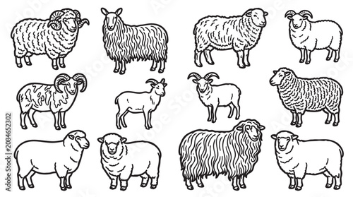 Illustration of various sheep breeds set and wool livestock icons collection.