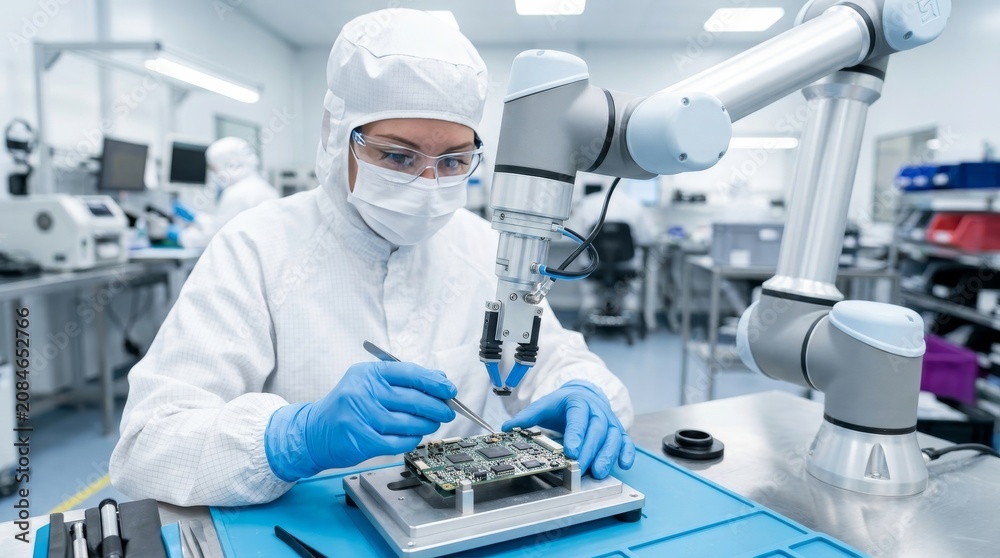 Naklejka premium Technician in Cleanroom Assembling Electronic Components with Robotic Arm Assistance