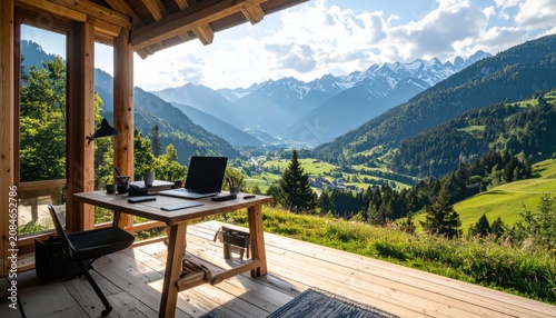 Outdoor home office with mountain view.