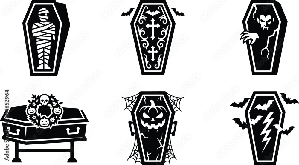 Fototapeta premium Halloween Coffin Silhouettes With Various Designs Black On White