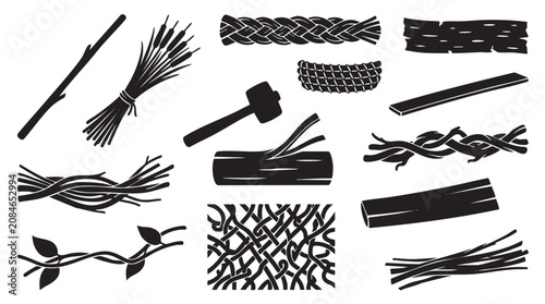 Primitive woodworking tools and natural building material vector silhouette icons.