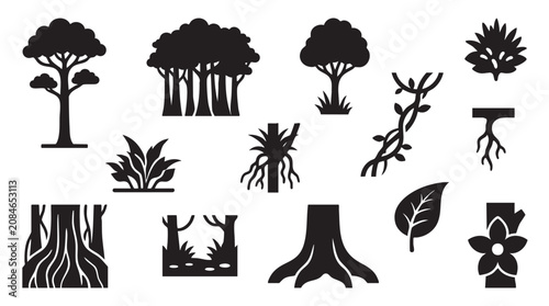 Set of black and white tree and forest vegetation icons for ecology designs.