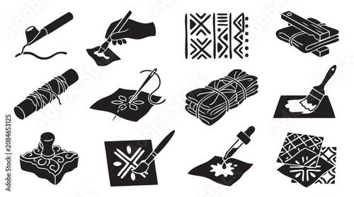 Batik and fabric dyeing craft icons with traditional printing tools.