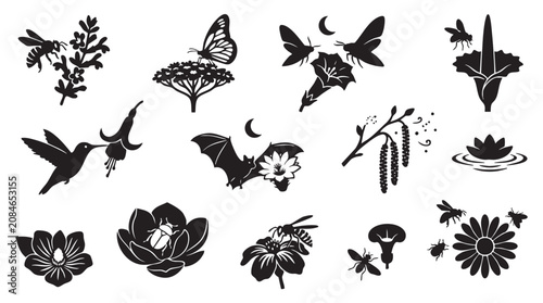 Set of pollinator icons, showing bees, butterflies, moths, bats, and hummingbirds interacting with various flowers.