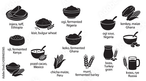 Set of fermented food and drink icons from different countries, showcasing various traditional dishes.