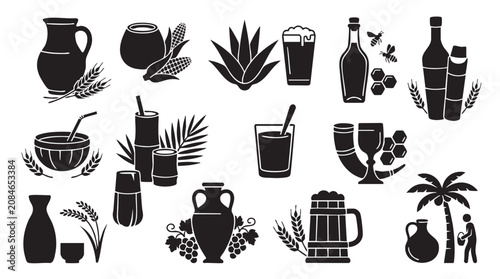 Diverse traditional beverage icons and fermentation sources.