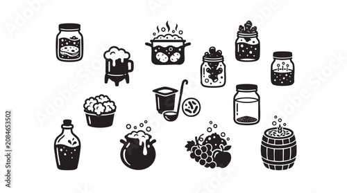 Fermentation and food preservation icons in glass jars.