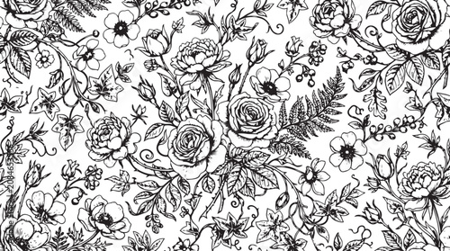 Photos Vintage Floral Seamless Pattern with Roses and Foliage in Black and White