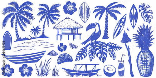 Tableau sur toile tropical scene detailed illustration with palm trees surfboards and beach hut sk