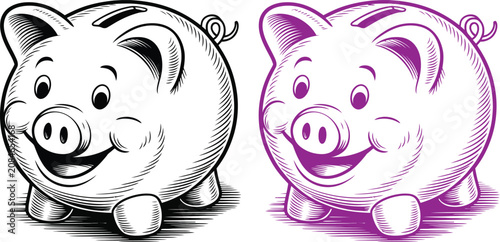 Vintage woodcut piggy bank vector set, retro engraved money box illustrations, black and purple finance icons for banking and savings concepts