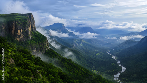 Western Ghats mountain landscape, dramatic cliffs, dense forest, low clouds, winding river below, lush and cinematic natural background