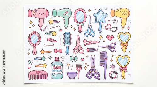 Kawaii Hair Salon Essentials: A delightful collection of cute and colorful hair styling tools, including hairdryers, mirrors, scissors, brushes, clips, and hairspray, presented in a charming.
