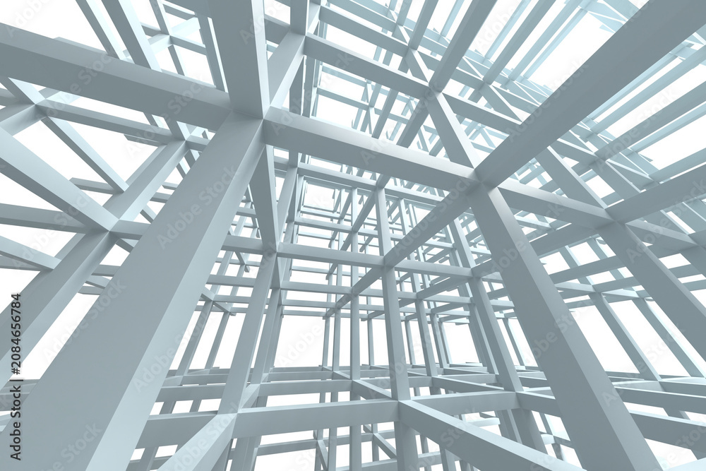 Fototapeta premium Abstract steel lattice structure with repetitive beams and intersecting grid for architectural pattern background and structural design .3d render
