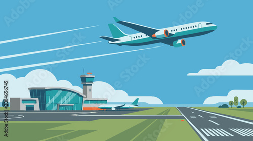 Obraz na plátně Flat design illustration of an airport with airplanes, terminal and control towe