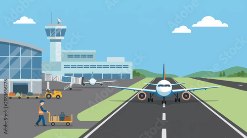 Obraz na płótnie Flat design illustration of a bustling airport scene with planes and staff