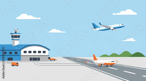 Принти на полотні Busy airport with passenger planes on runway and in air, flat design