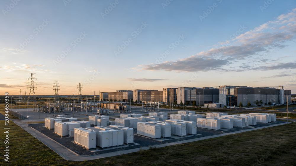Fototapeta premium Grid Scale Battery Storage Stabilizing Power for AI Data Center