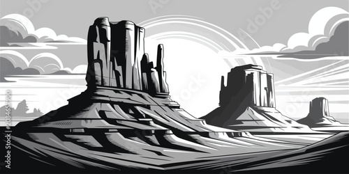 Vintage desert landscape vector illustration, monochrome western canyon with sandstone buttes, retro wild west scenery with sun and clouds