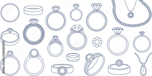 Minimalist jewelry line icons set, diamond engagement rings and luxury necklaces vector, elegant wedding jewelry collection for catalog design