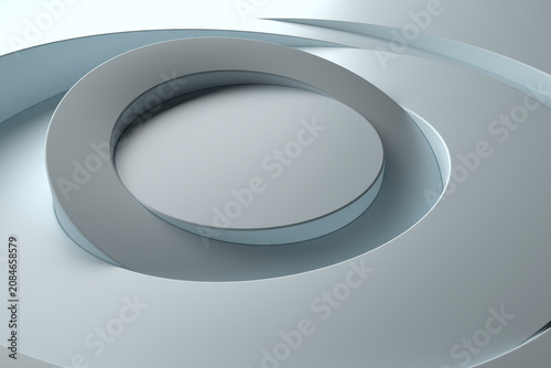 Minimal concentric circular ring platform with smooth metallic surfaces and radial center pedestal for modern background wallpaper and product display design.3d render