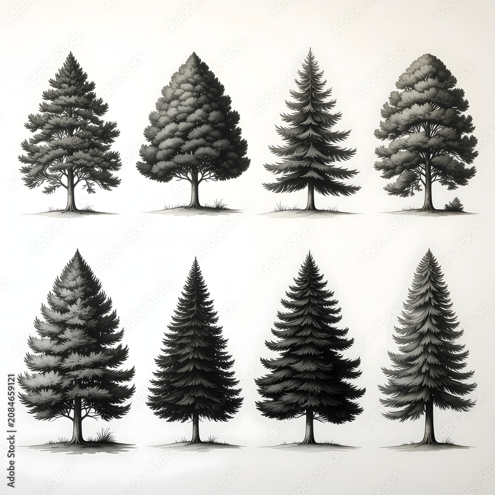 Obraz premium Black and white Christmas tree silhouettes set.
