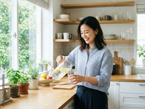 Happy young asian woman pouring fresh water from a glass pitcher into a clear drinking glass in a sunny cozy kitchen at home during the day