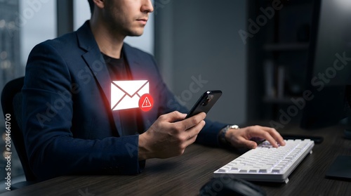 Cybersecurity alert man receiving warning on smartphone while working at computer