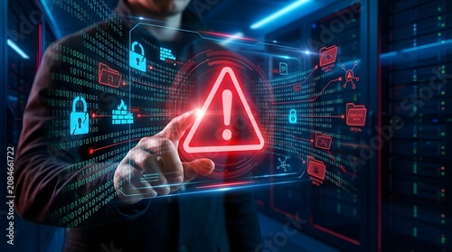 Cybersecurity threat data breach warning with digital binary code background