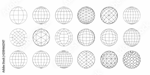 Konstfotografi collection of 3d wireframe sphere grids in various patterns on white background
