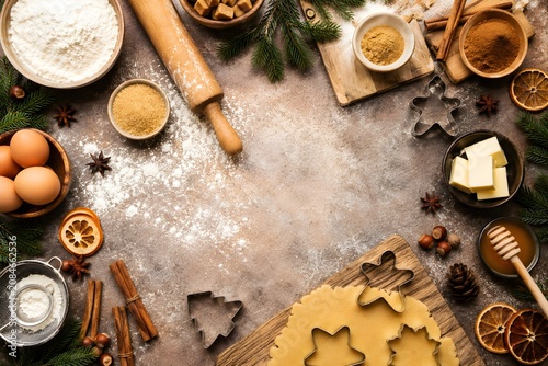 Christmas Baking Ingredients Flat Lay on Rustic Kitchen Countertop with Spices, Cookie Dough and Festive Holiday Elements