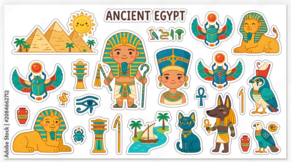 Fototapeta premium Ancient Egypt Illustrations: A collection of charming cartoon-style illustrations depicting iconic symbols and figures of Ancient Egypt, including pyramids, pharaohs, sphinxes, scarab beetles.