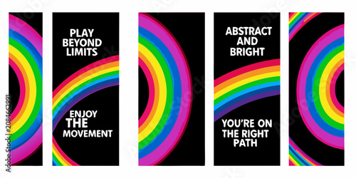 Foto four black posters featuring vibrant rainbow curves on white background graphic