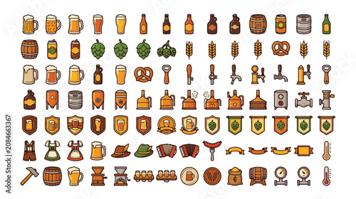 Εκτύπωση καμβά Craft beer icons set, brewery equipment and ale symbols vector collection, 84 fl