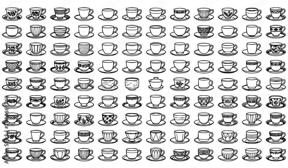 Fototapeta premium Premium Tea Cup and Saucer Mega Outline Collection with Elegant Teaware Black Vector Illustration