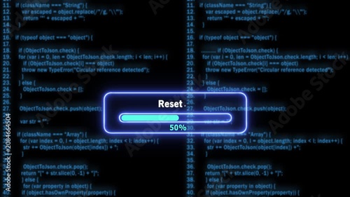 Dynamic digital progress bar loading animation with glowing blue reset interface overlaying complex software source code lines for high-tech cybersecurity, programming, and data processing projects