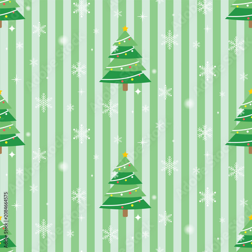 Christmas seamless pattern with tree and snowflakes on green stripes.Xmas new year repeat pattern.Vector graphic illustration background wallpaper.