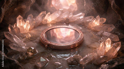 A gold compact mirror placed on marble surrounded by glowing quartz crystals in a misty cavern scene