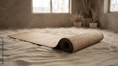 Rolled bamboo yoga mat placed on soft textured sand in a tranquil sunlit minimalist wellness studio