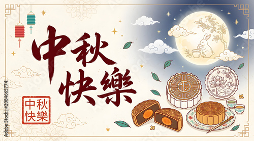 Chinese calligraphy for mid-autumn festival with mooncakes isolated on a transparent background
