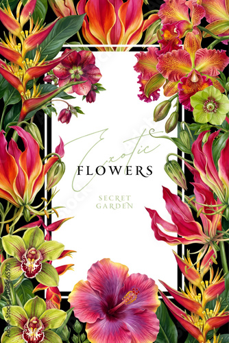 Vintage vector illustration with colorful exotic flowers on a changeable background. Floral design template for wedding invitation, greeting card, notebook cover, flyer or banner.	
