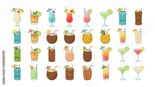 Schilderij op canvas Tropical cocktail icons set, 32 summer tiki bar drinks in flat vector style, exo