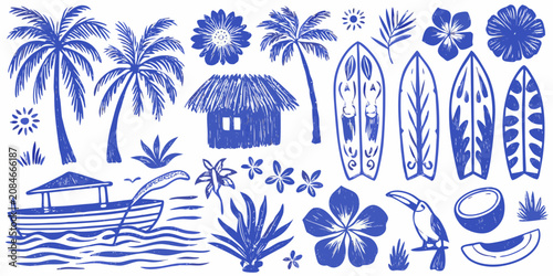 Photos tropical scene detailed illustration with palm trees surfboards boat flowers and