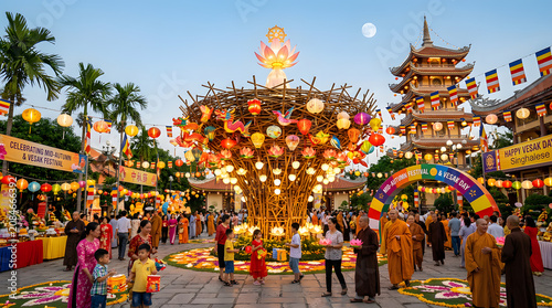Buddhist temple festival with lanterns and pagoda isolated on a transparent background