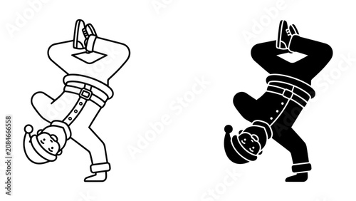 Foto Christmas Dancer Silhouette: A festive illustration showcasing a dancer in a Santa Claus costume performing a breakdancing move, presented in both outline and solid black silhouette