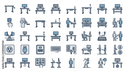 Ergonomic Standing Desk and Office Furniture Icon Set
