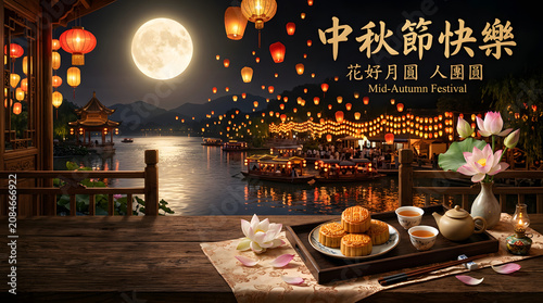 Mid-autumn festival moon, lanterns, and mooncakes isolated on a transparent background